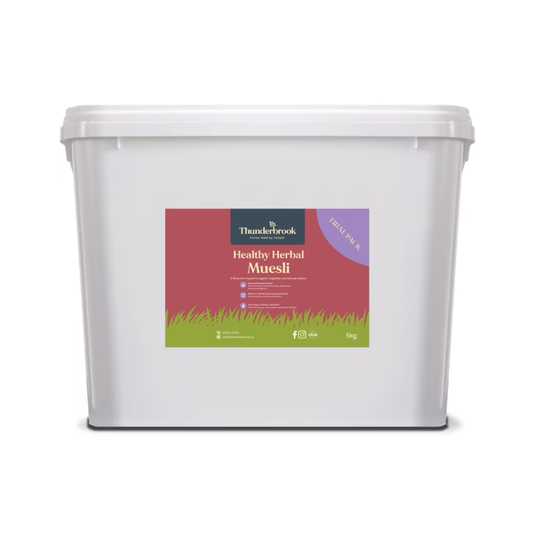 White plastic tub with a colorful label for Thunderbrook Healthy Herbal Muesli on the front.