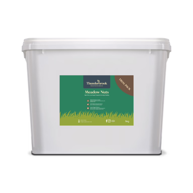 White plastic container with a colorful label reading 'Thunderbrook Meadow Nuts' (5kg) on the front.