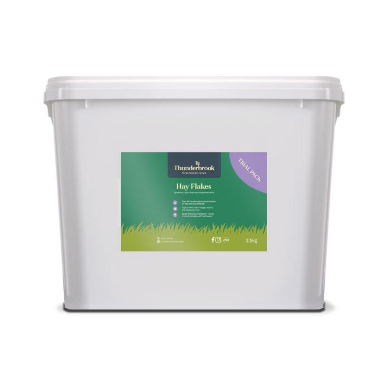 White plastic bucket with a colorful Thunderbrook label for Hay Flakes (Trial Pack).