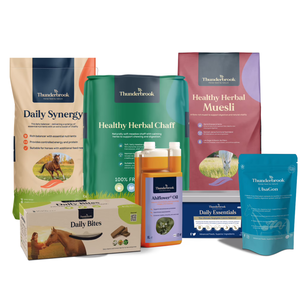 Assorted Thunderbrook horse feed bags and supplements arranged together on a white background, showing labels and brand logos.